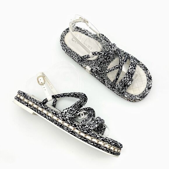 CHANEL Blue White Rope Interlocking CC Charm Dad Sandal Size 40 Chain Slingback - Picture 1 of 13